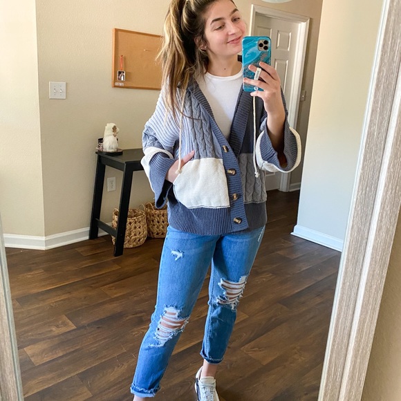 (VICI) gray cream colorblock patchwork knit cardigan jacket - Picture 5 of 13